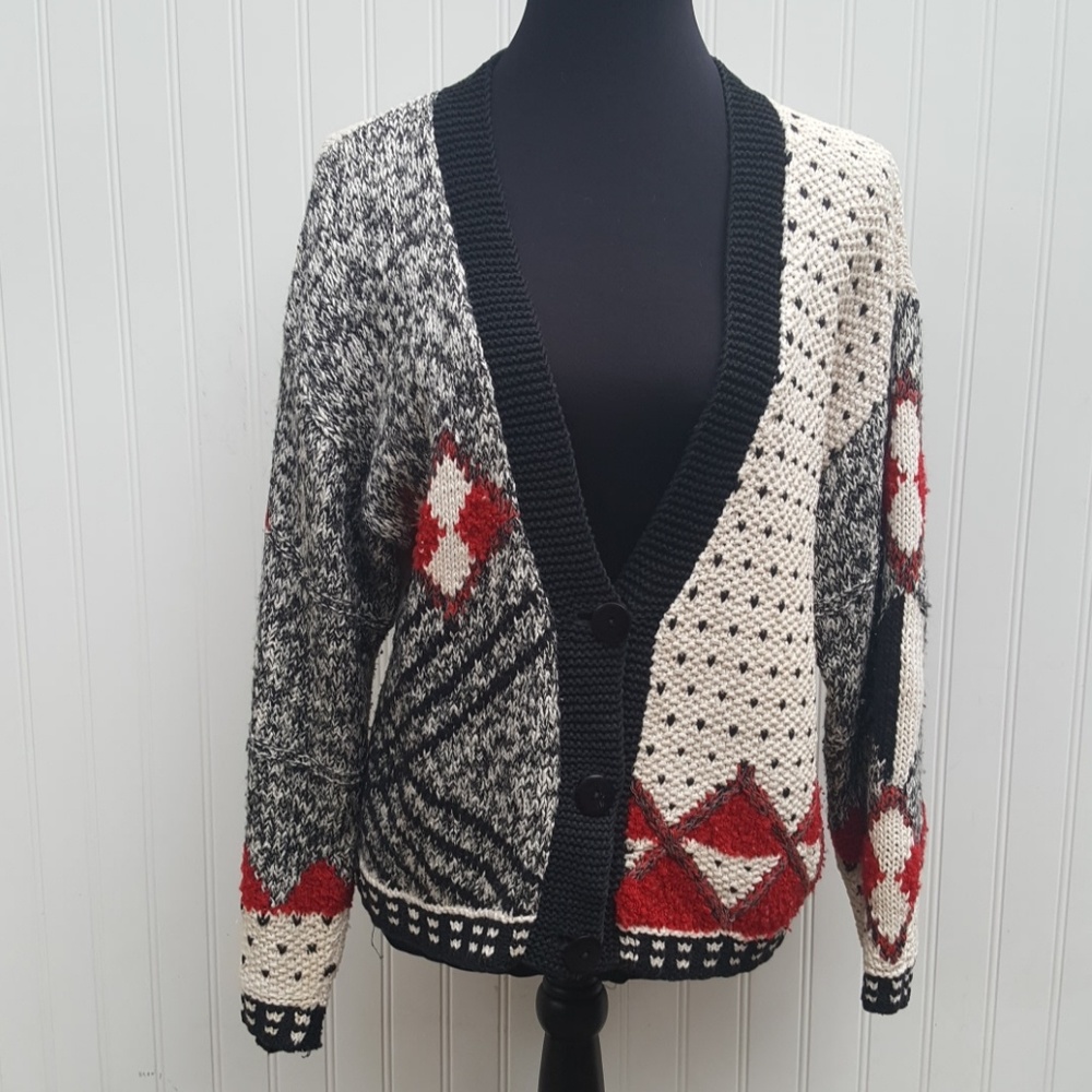 Tony Lamberti black, red and cream cardigan sz S